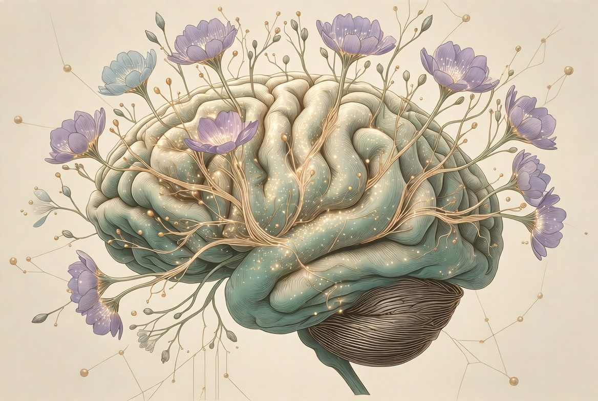 Brain neuroplasticity illustration — flowers growing from mind
