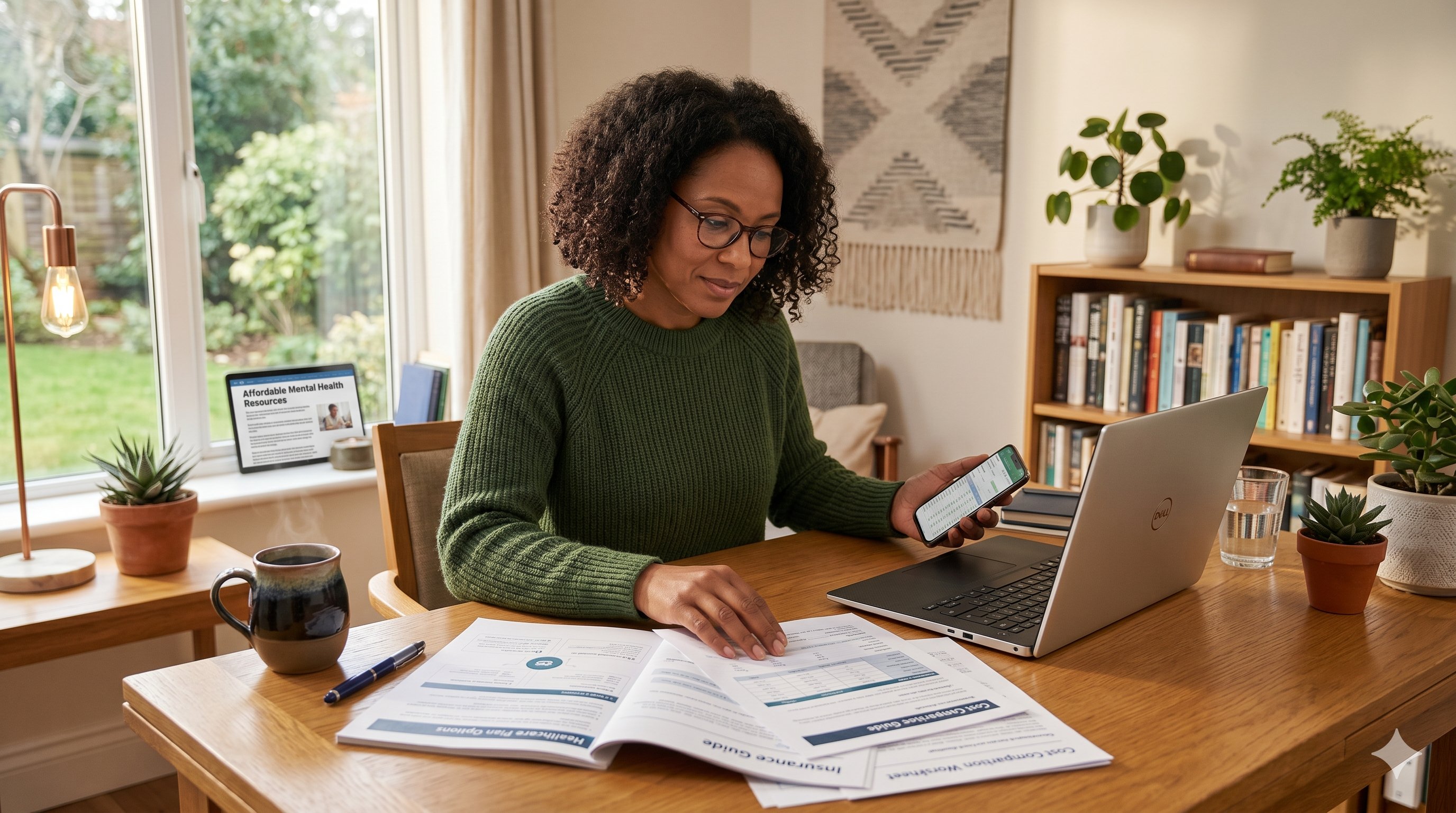 Person researching healthcare costs and insurance options