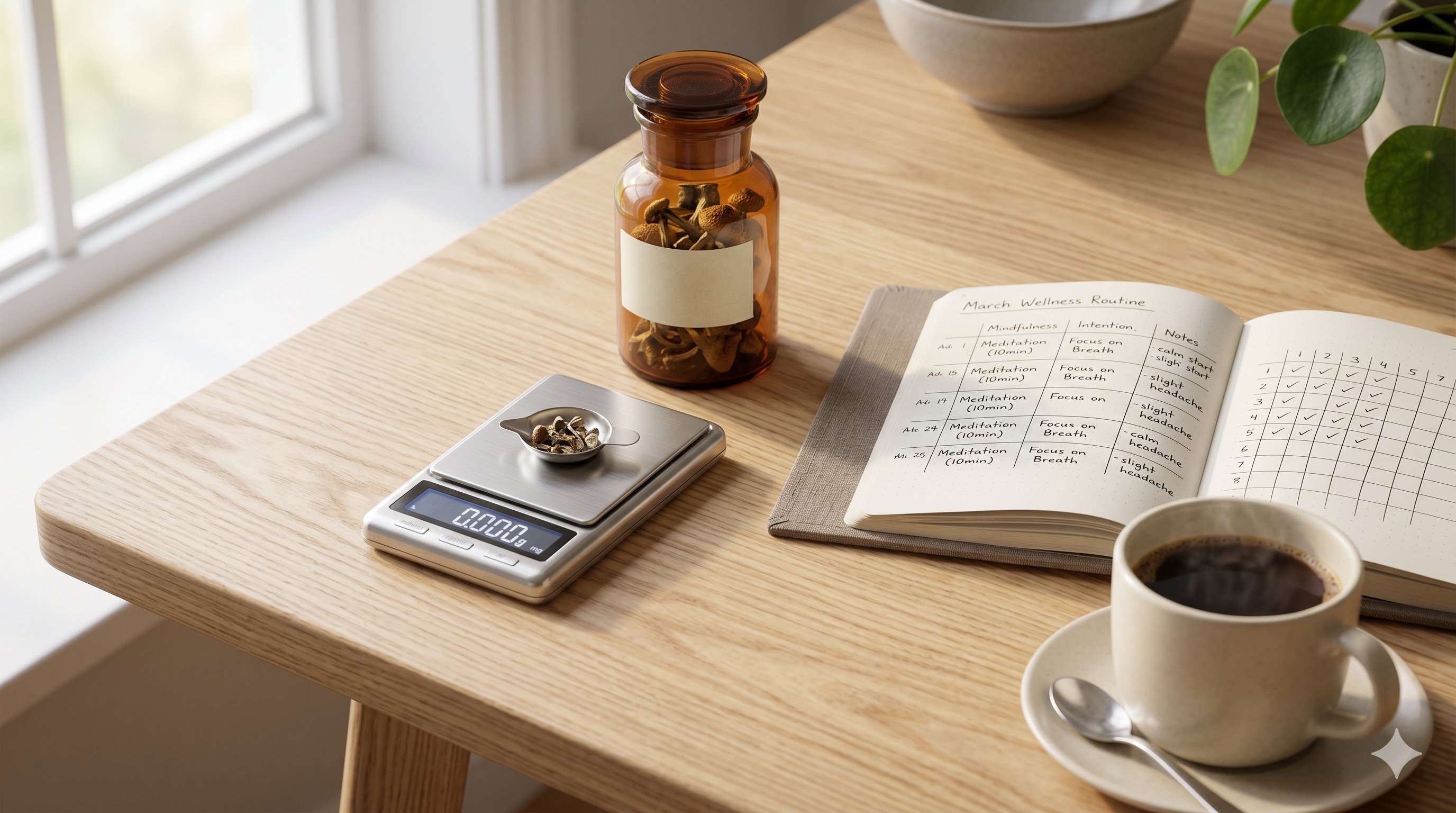 Microdosing setup — scale, mushrooms, journal, and coffee