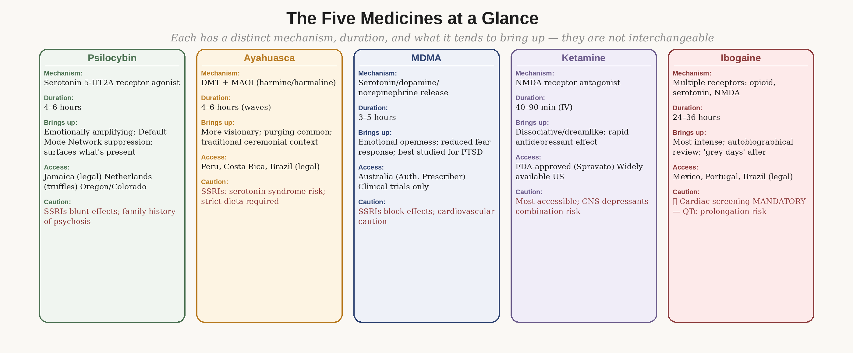 The five major medicines compared — mechanism, duration, legal access, and key cautions