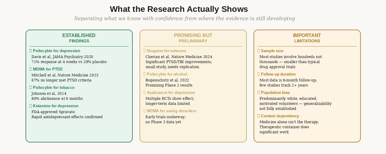 Research evidence tiers — established, promising but preliminary, and important limitations